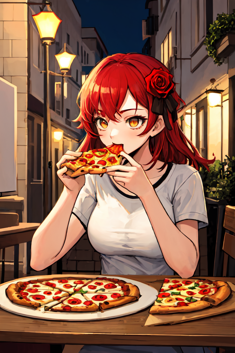 2497349-3079027011-masterpiece, best quality, absurdres, perfect anatomy, 1girl, solo, HairRose, red rose, multicolored hair, t-shirt, eating, tabl.png